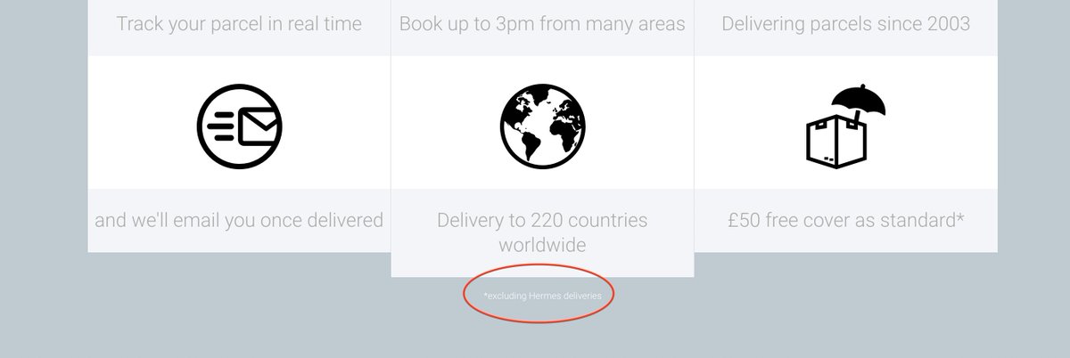 Thanks <a href="/ParcelHero/">ParcelHero®</a> for the really clear and accessible message that Hermes is not included in the standard parcel cover. The only reference I can see is in a tiny font, white text on light grey. How does that adhere to basic accessibility guidelines?