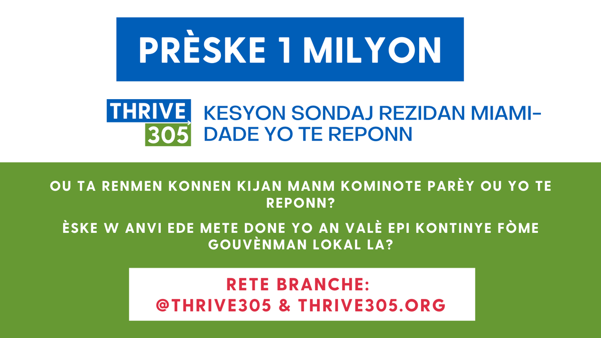 Sondaj rezidan Thrive305 Miami-Dade la te pi gran sondaj san fòs kote nan tout istwa #Konte nou an ki baze sou vrè pwoblèm. Gen plis opòtinite pou kontinye konvèsasyon an epi ede mete opinyon yo an aplikasyon ki vini byento!