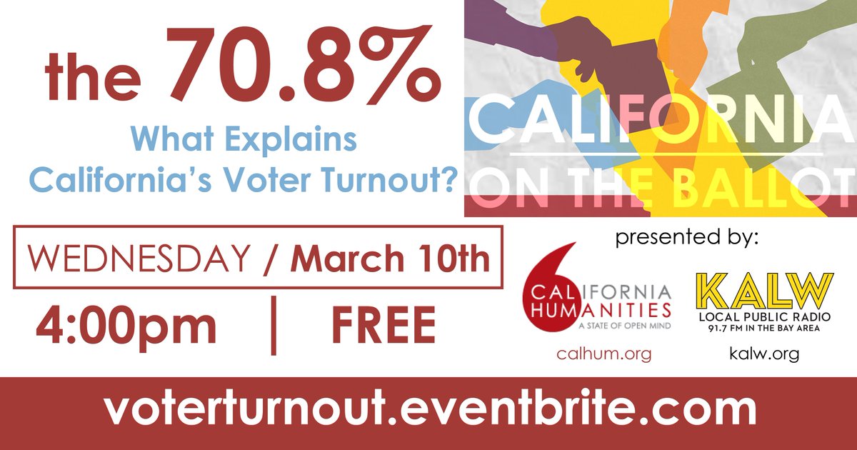 In 2020, California had its highest voter turnout in nearly 70 years. Today at 4pm, join me at a live virtual event from  <a href="/KALW/">KALW</a> + @Cal_Humanities to learn who did and didn't vote, efforts to draw youth voters, and systemic obstacles to voting. Sign up at voterturnout.eventbrite.com