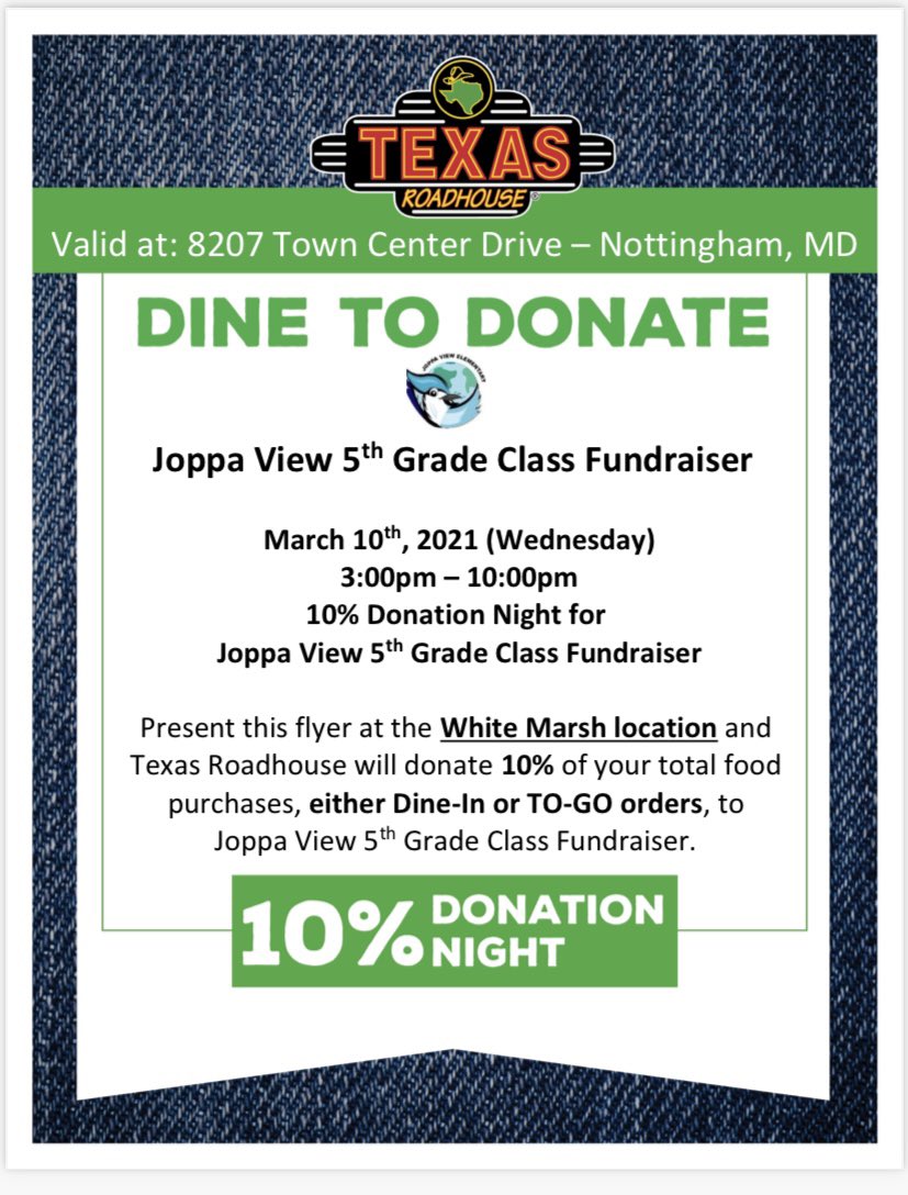 Not in the mood to cook dinner? We’ve got you covered! Come dine at Texas Road House TONIGHT and support our fifth grade class!
