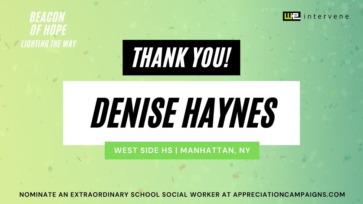 weintervene's tweet photo. Congrats to Denise Haynes for being a #schoolsocialworker for 20 years. ๐ Thank you!
Spread โค๏ธ- Appreciate/Nominate here: https://t.co/IfSkNcKkBK! TY ๐๐พ
#NSSWW21 #appreciationcampaigns @rotondo_paul
@transferhs @nycschools #WestSideHS ๐ซ https://t.co/rauPfNHPKp