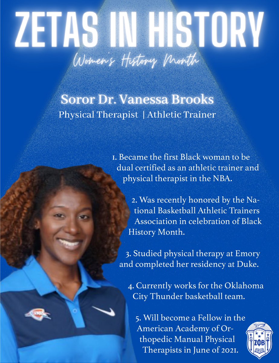 DukeZetas's tweet image. Next up in our series, “Zetas in History”, is Soror Dr. Vanessa Brooks. She is the FIRST Black woman to be a physical therapist and athletic trainer in the NBA!