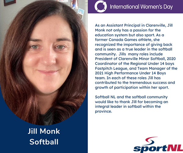 SoftballNL's tweet photo. Softball NL Would Like To Take This Opportunity To Congratulate Jill Monk (Clarenville) On A Well-Deserved Recognition For Her Contribution To The Tremendous Success &amp; Growth Of Participation Within Softball, As Well As Becoming An Integral Leader In Softball Within The Province! https://t.co/GalsDvXED1