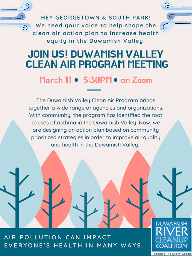 Friendly reminder, the Duwamish Valley Clean Air Program will convene tomorrow, March 11 at 5:30pm, to work on the clean air action plan with Adrienne Hampton.

Please Sign up: docs.google.com/.../1FAIpQLSdz…