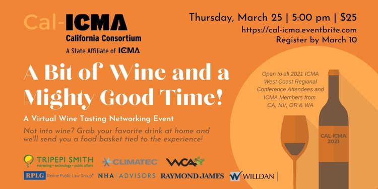 LAST CALL: Join <a href="/Cal_ICMA/">Cal-ICMA</a> for their upcoming wine tasting networking event – open to ICMA West Coast Regional Conference Attendees and ICMA Members from California, Nevada, Oregon and Washington. Learn more and register by the end of today, March 10. 👉 bit.ly/3rAKiNB