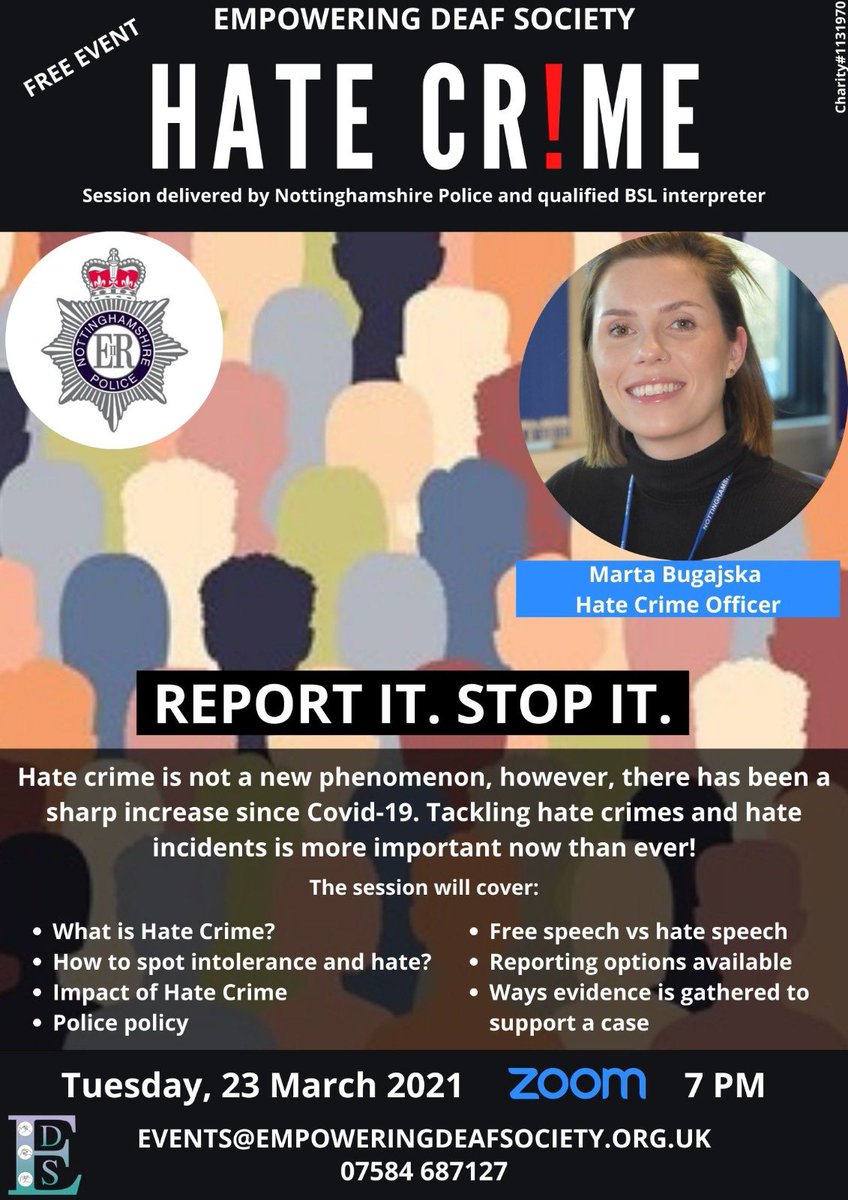 Understanding and reporting hate crime - join us online on 23 March 2021 and hear all about it #HateCrime #onlineevent #deaflondoners #deafcommunity #deaf #StrongerTogether #London #mopac DM (or email) to book your place