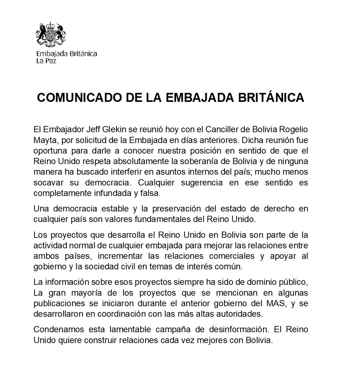 UKinBolivia's tweet photo. Comunicado de la Embajada Británica condenando campaña de desinformación. https://t.co/nnjOVSQkgW