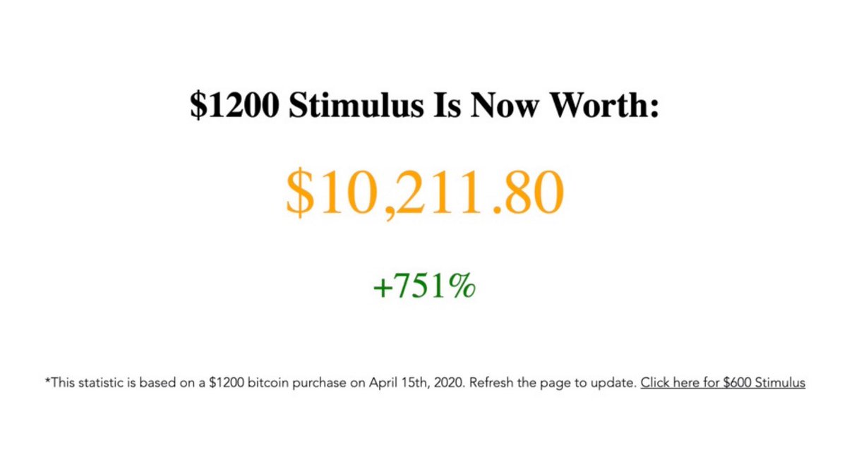 You’d have over $10,000 if you bought #bitcoin with your stimulus check. 

Check BitcoinStimulus.net for live updates.