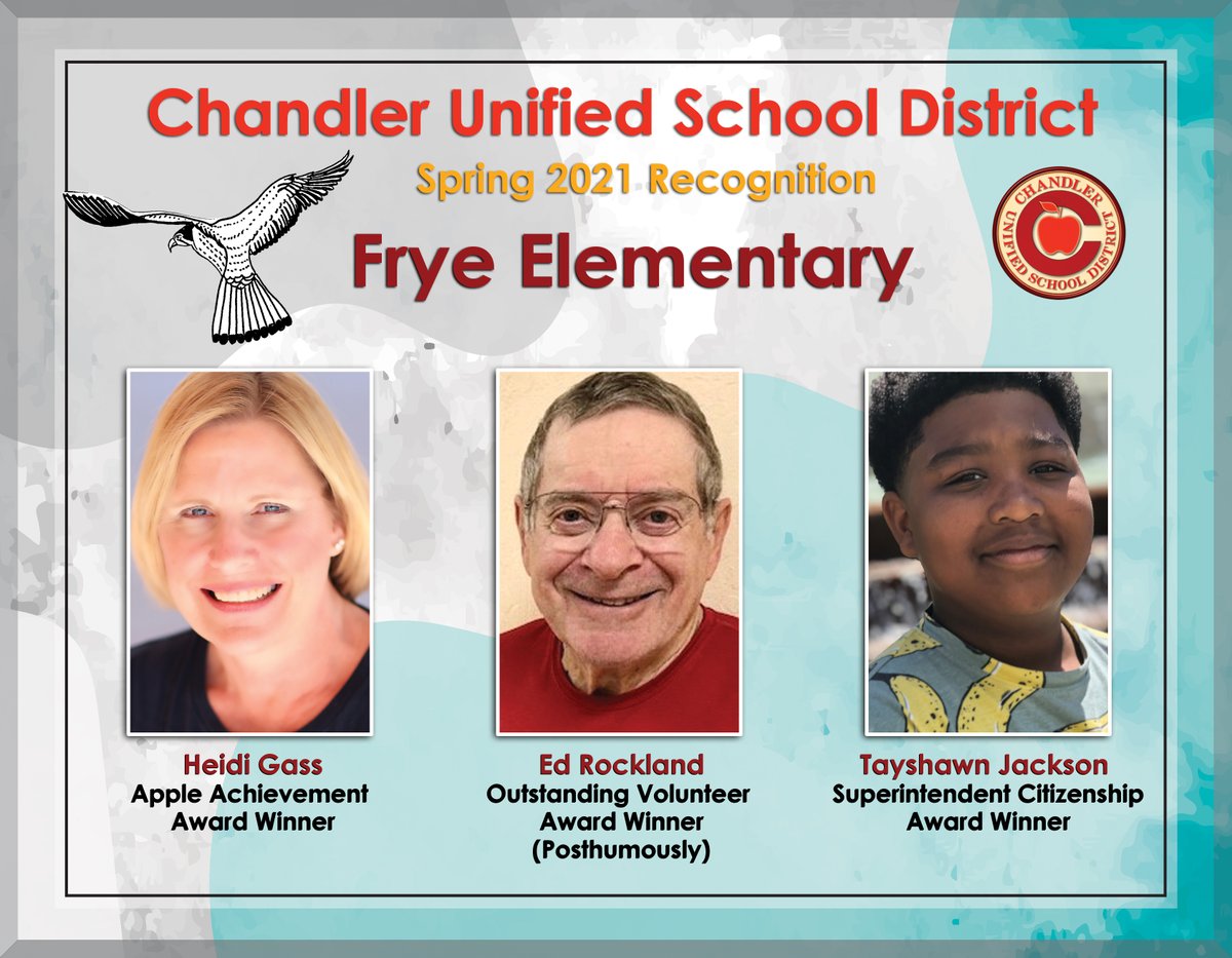 District Recognition School Spotlight: @FryeFalcons Elementary technology teacher Heidi Gass won the Apple Achievement Award, Ed Rockland was named the Outstanding Volunteer (posthumously), and sixth grader Tayshawn Jackson is the Superintendent Citizenship winner. #CUSDStory