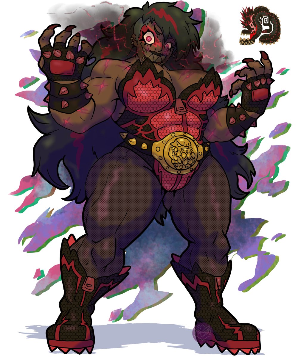 Art_Doragoon's tweet image. Savage Deviljho
Here's a human version of Savage Deviljho. The design  harkens back to 80's heel wrestler style of clothing with a few modern touches. So this is The Savage Devil, Jhoanne she's an absolute brute and will demolish her opponents. #Deviljho #MonsterHunterWorld