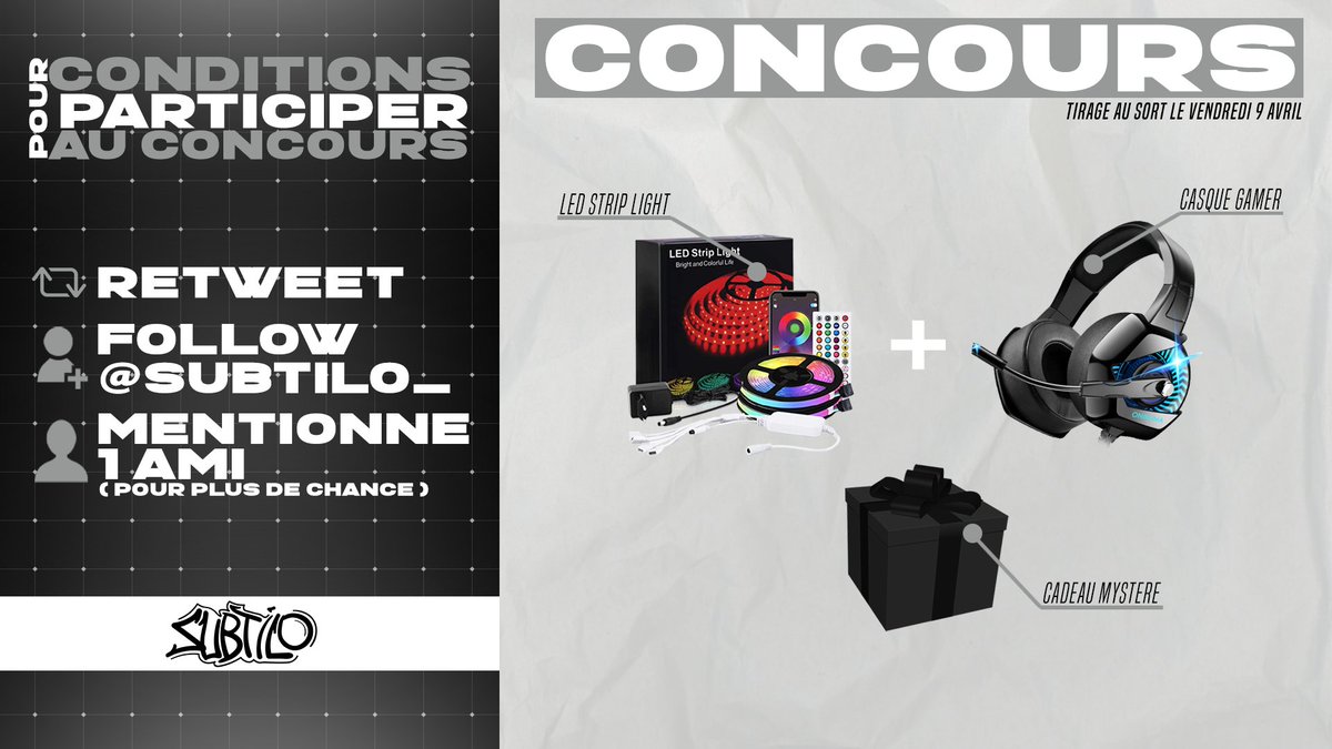 Subtilo_'s tweet image. #Concours 🎁

Gagne ton Casque Bluetooth + Tes Rubans LED Connecté + Un Cadeau Mystère 🤩

Pour participer :

✅ #RT 
✅ #FOLLOW @Subtilo_
✅ #MENTIONNE UN AMI(E)
(Pour plus de chances !)

Tirage au sort le 09 Avril 2021 !

#Bonne #Chance 🍀