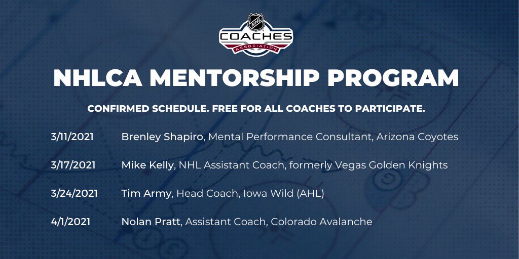 Tomorrow we’re lucky to be joined by <a href="/BrenleyShapiro/">Brenley Shapiro</a>, the Mental Performance Consultant for the <a href="/ArizonaCoyotes/">Arizona Coyotes</a>, who talks creating opportunity from adversity.

Sign-up and get the schedule for the last few weeks of this season’s #NHLCA Mentorship Program: nhlcoaches.com/mentorship-pro…
