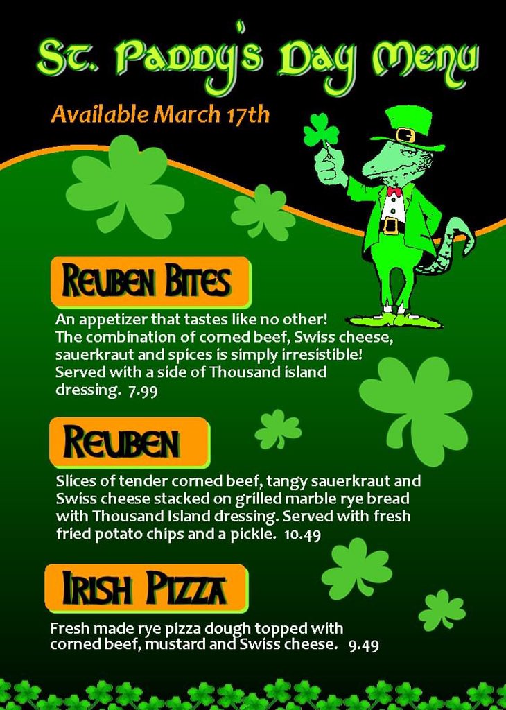 winkinglizard's tweet photo. St Paddy's Day we'll be offering up some of your favorite specials at all locations!

#StPaddysDay #stpaddysday2021 #IrishPizza #reubenbites #reuben #cornedbeefandcabbage #cornedbeef
#winkinglizard #LizardNation https://t.co/ZT6kERYfqq