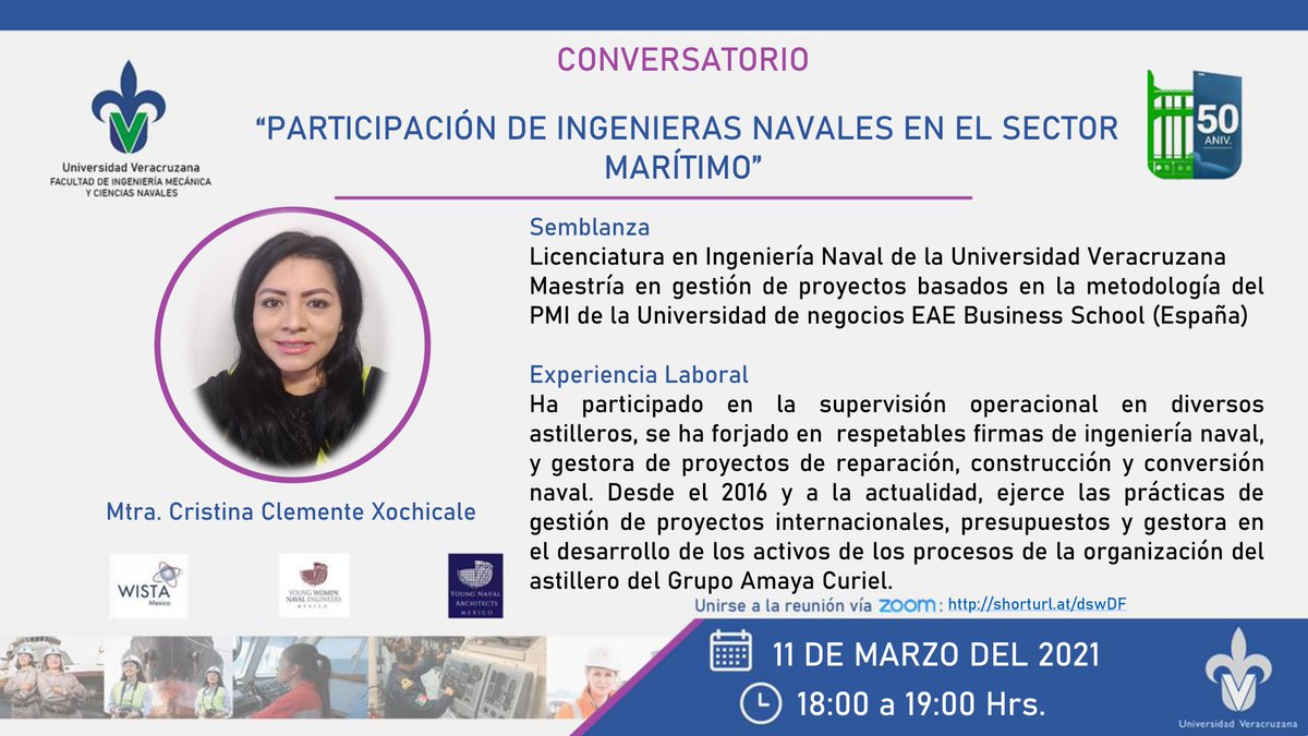 Egresados_UV's tweet image. CONVERSATORIO CON EGRESADAS DE INGENIERÍA NAVAL
“PARTICIPACIÓN DE INGENIERAS NAVALES
EN EL SECTOR MARÍTIMO”

Mañana 11 de Marzo
9:00 horas
Detalles en bit.ly/3qBi4Ra
