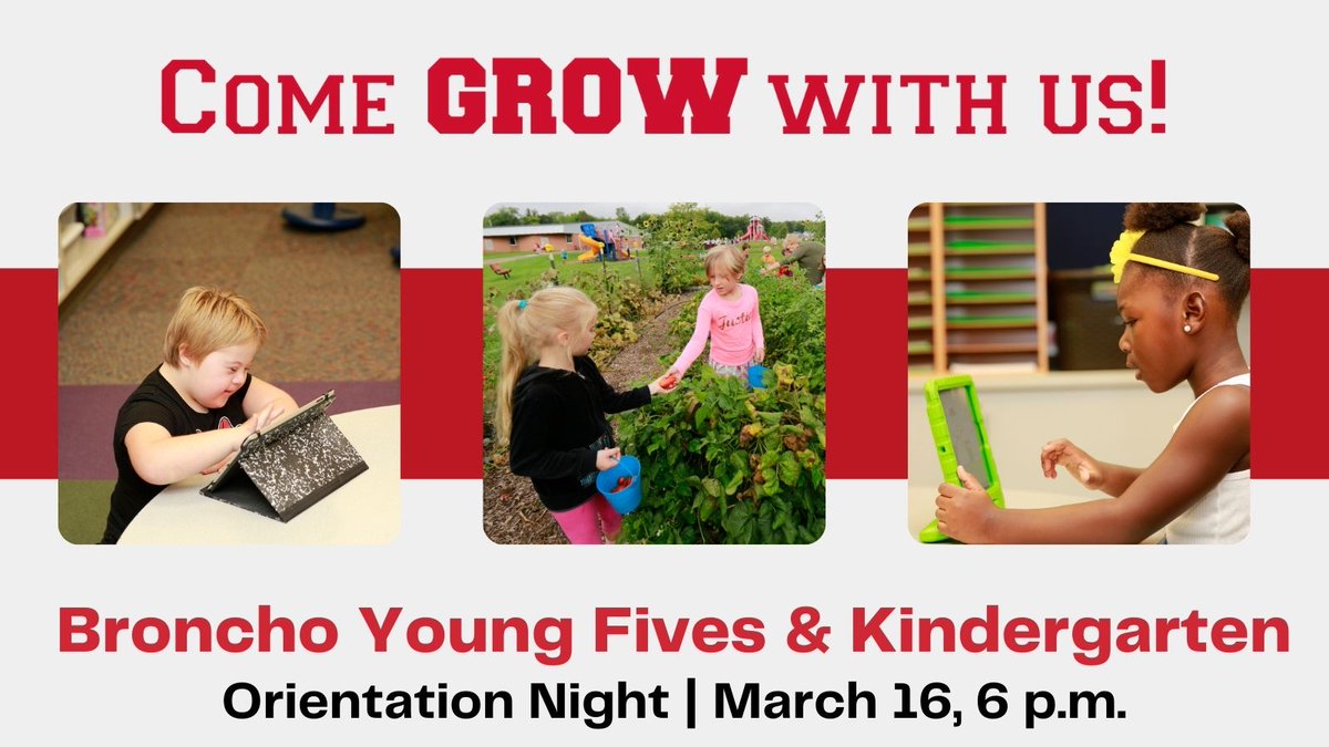 Save the date! 
Broncho Young Fives/Kindergarten Orientation Night is March 16 at 6:00 PM. Join us next Tuesday at 6:00 PM to learn about how Holly Area Schools will help build the foundation for your child’s future at this Zoom link: bit.ly/3chInXL
#BronchoPride