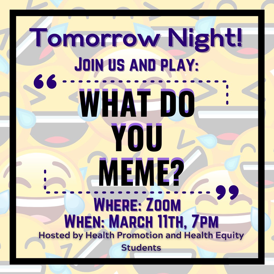 MERIT_Library's tweet image. Join the SoE Virtual Den tomorrow night, March 11th, at 7pm, for some laughs playing "What do you MEME?" 

Time: Mar 11, 2021 07:00 PM Central Time (US and Canada)

Join Zoom Meeting
uwmadison.zoom.us/j/92990232590?…

Meeting ID: 929 9023 2590
Passcode: 132097