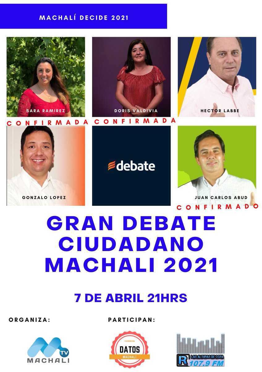 VICTORMIRANDA75's tweet photo. Por primera vez en la historia republicana de Machalí se unen algunos medios de comunicaciones para (ojala todos) el primer DEBATE público con miras a la alcaldía en la comuna, Machalí TV radios Las Alturas De Coya y el grupo #DatosMachalí (esperando la respuesta de otros medios) https://t.co/E0qFJf27IQ