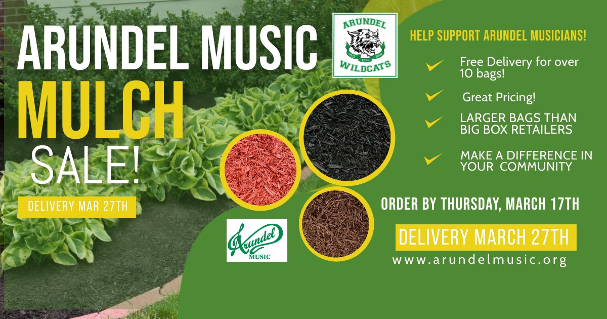 Arundel Music (@arundelhsmusic) on Twitter photo Mulch Sale Time!!! Get started on your spring clean up and help the <a href="/ArundelHS_aacps/">Arundel High School</a> community! Order at arundelmusic.org order by Mar. 17 and delivery on Mar. 27!!! Mulch Sale Time!!! Get started on your spring clean up and help the <a href="/ArundelHS_aacps/">Arundel High School</a> community! Order at arundelmusic.org order by Mar. 17 and delivery on Mar. 27!!!