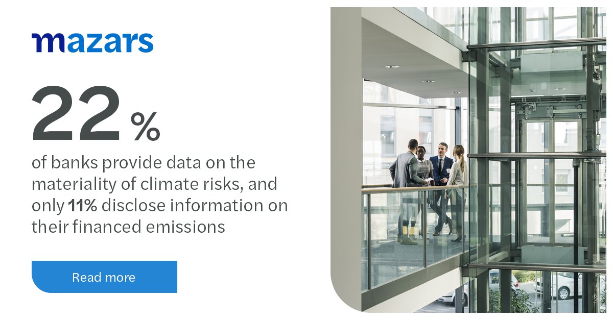 [#FinanceForGood] Only a fifth of banks provide quantitative information on the materiality of climate risks, making the financial impact of climate change on banks difficult to measure. Find out more here: bit.ly/3rBaV4T
#banking #sustainability #mazarsph