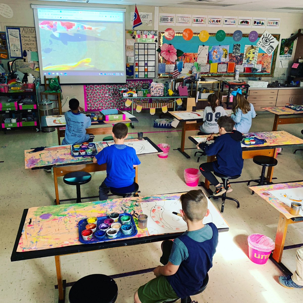 teachcentart's tweet image. Third Grade koi paintings are going swimmingly #teachcent #teachcentart #koi #japan #thirdgrade
