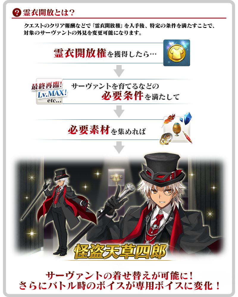 公式 Fate Grand Order En Twitter カルデア広報局より Tips 霊衣 開放権の入手後に特定の条件を満たすと サーヴァントの外見などを変更できる霊衣開放をおこなえます 開催中の期間限定イベントでは霊衣 怪盗天草四郎 の開放権が入手できるので忘れずに交換し