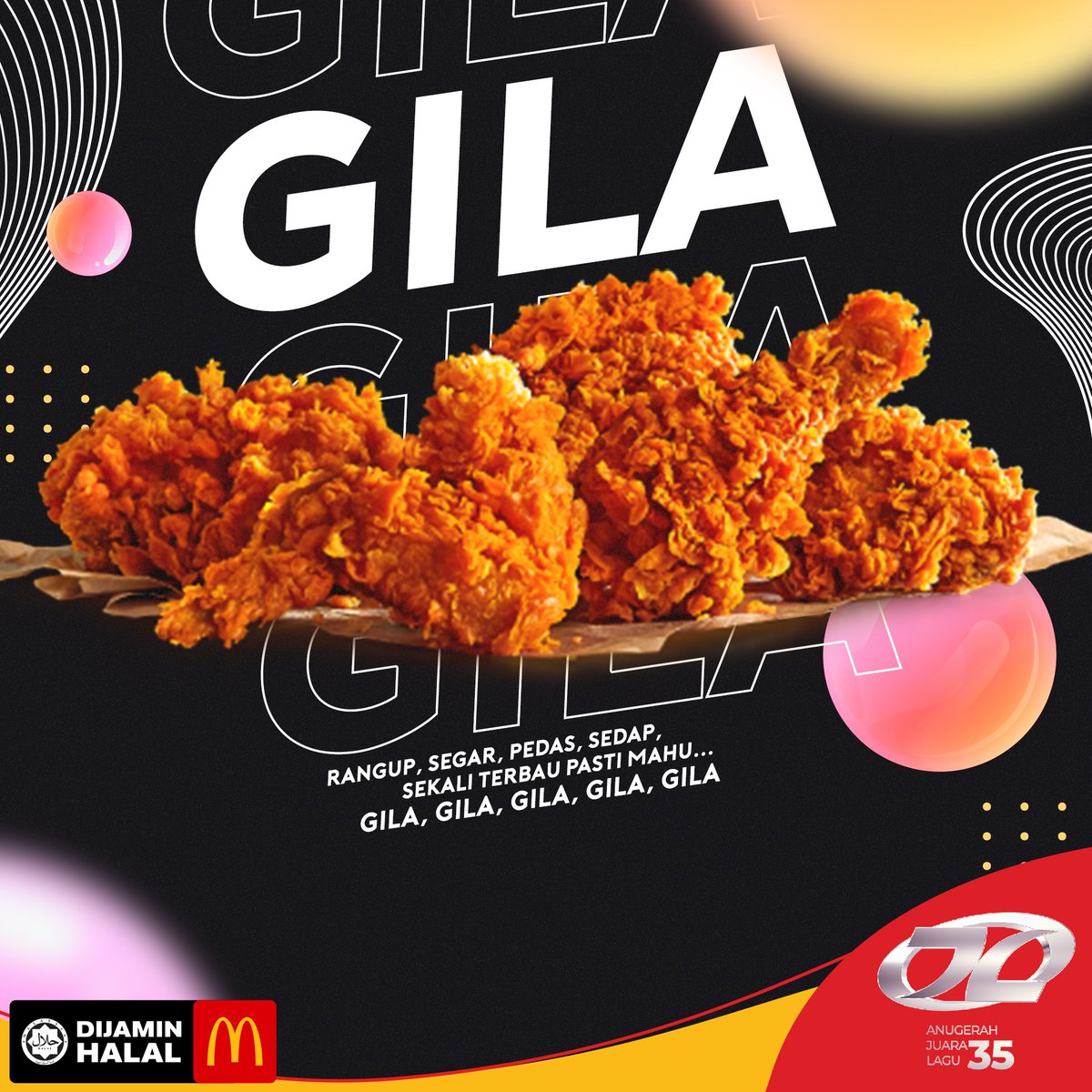 McDMalaysia's tweet photo. "Apa yang sampai Gila tu? Mestilah Ayam Goreng McD! Jangan main-main, sekali ngap je terus nak lagi. Lagi senang kalau order dengan McDelivery!"
Saksikan Anugerah Juara Lagu ke-35 eksklusif bersama McDonald’s.
#AJL35 #Gila #KakaAzraff #Noki #LocalB #McDelivery #AyamGorengMcD https://t.co/C5AiZg6kgv