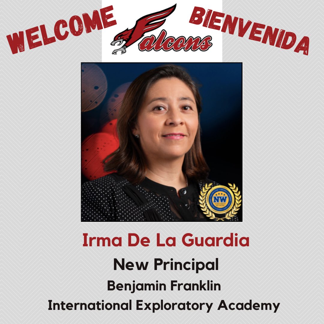 BFMSFalcons's tweet photo. We are pleased to announce that that Irma De La Guardia has been named Principal of Benjamin Franklin IEA
Nos complace anunciar que Irma De La Guardia ha sido nombrada directora de Benjamin Franklin IEA @MarshallforDISD @NWSecondaryDISD @dallasschools https://t.co/sZVZ51usnd
