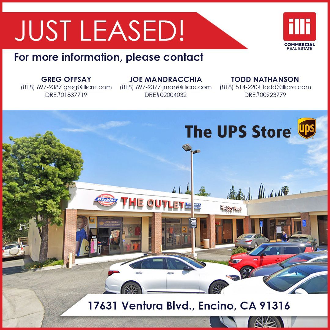 illicre's tweet photo. JUST LEASED: UPS Store in the city of Encino!
Congratulations to @GPOffsay and Joe Mandracchia on this great deal!
Visit our website to learn more about our leasing services: https://t.co/RXsWwFJFHV
#illicre #justleased #leased #illicommercial https://t.co/zU7rfBn3cS