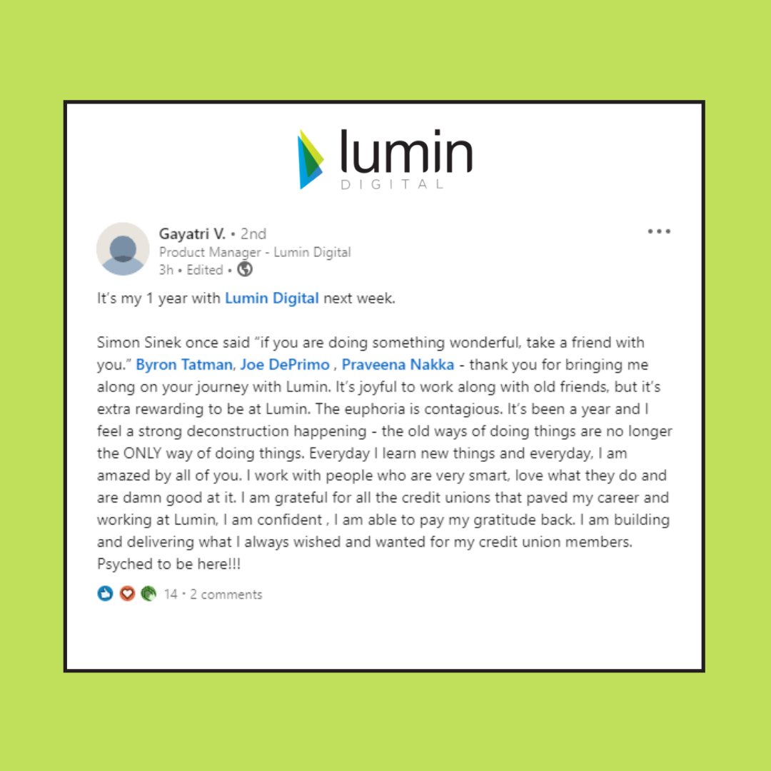 lumindigital's tweet photo. We love to hear from our employees! Thanks for all your hard work Gayatri! #LuminDigital #Lumin #BigData #TechForHumanConnection #DigitalBanking https://t.co/gyvaqwRMKV