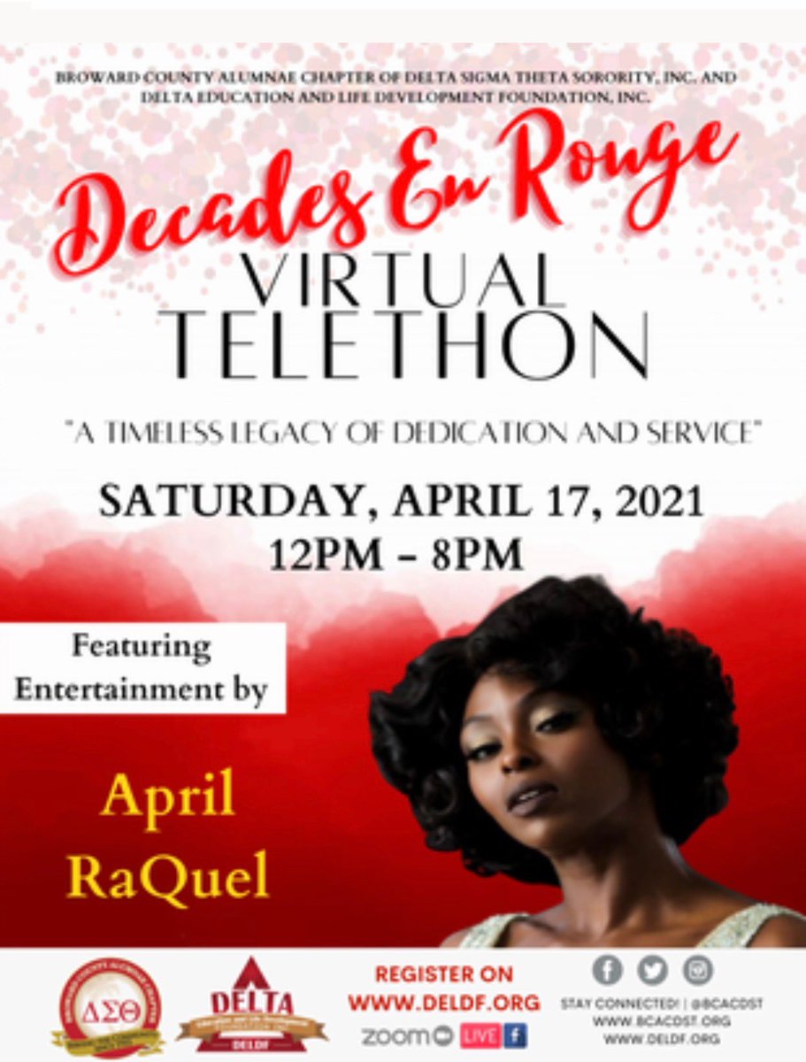 BCACDST's tweet photo. SAVE-THE-DATE
Decades EnRouge Virtual Telethon “A Timeless Legacy of Dedication and Service,” Saturday, April 17, 2021, 12 noon to 8 p.m. Register at https://t.co/WbbO3uNN2P. Delta Sigma Theta Sorority, Inc. Broward County Alumnae Chapter
#deldf #bcacdst #virtual #telethon https://t.co/XPSeRsQOr3