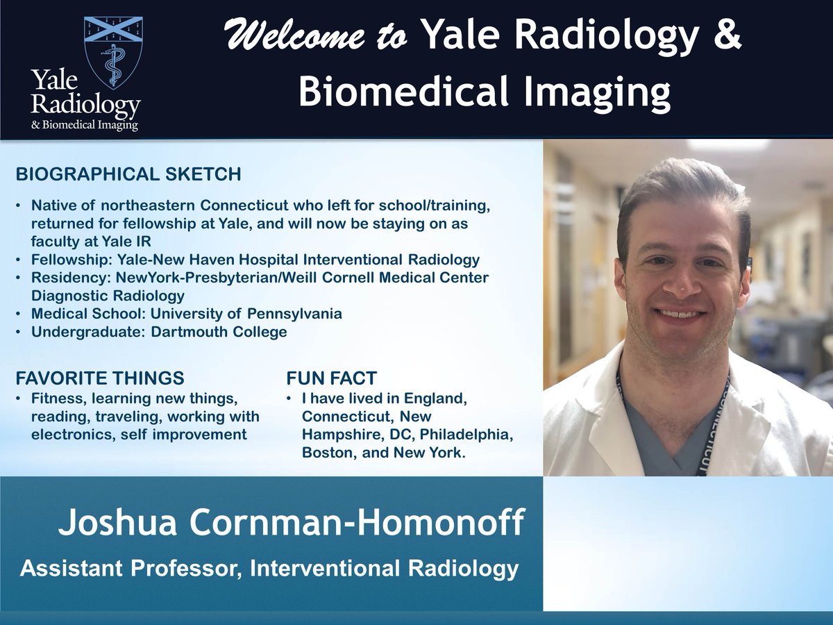 Please join us in extending a warm welcome our newest faculty member, Dr. Joshua Cornman-Homonoff (@JHomonoff ), an Assistant Professor in <a href="/Yale_IR/">Yale IR</a> <a href="/YaleRadiology/">Yale Department of Radiology & Biomedical Imaging</a>