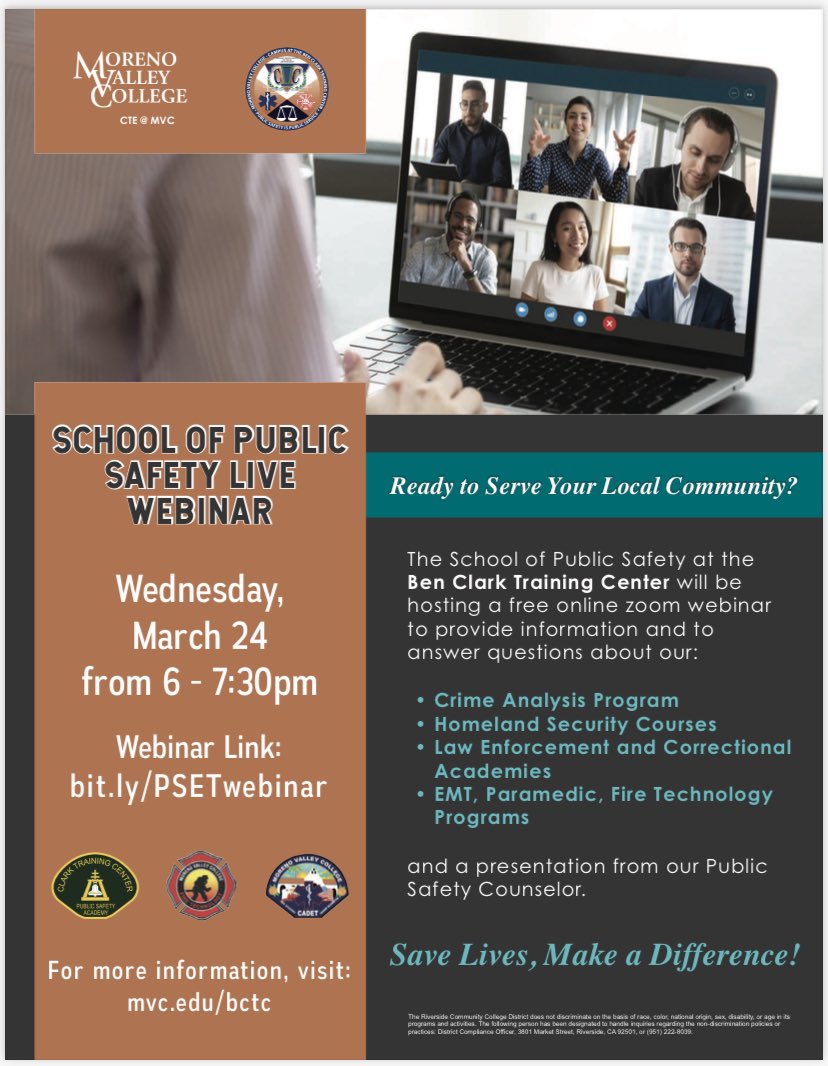 Are you interested in serving your community while working and doing what you love? Join <a href="/mvcollege/">Moreno Valley College</a> Ben Clark Training Center for the School of Public Safety webinar for more information.