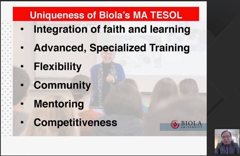 AcademicsInAsia's tweet photo. Professor John Liang introduced the BIOLA’s Online MA TESOL program. We hope to announce scholarships and tuition discounts next week.

#BIOLA @biolau  #TESOLscholarships https://t.co/esC1GiqXHo