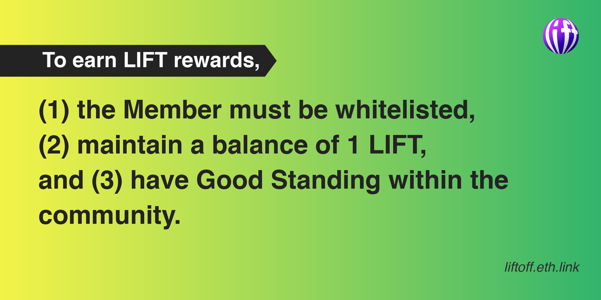 LiftoffEth's tweet photo. To earn #LIFT #rewards, the Member must be whitelisted, maintain a balance of 1 LIFT, and have good standing within the community. By requiring whitelisting and good standing we will be able to add many more #benefits to the platform.
#LiftOff #launchpad #crashinsurance #NFT https://t.co/0Q9RyJIE4H