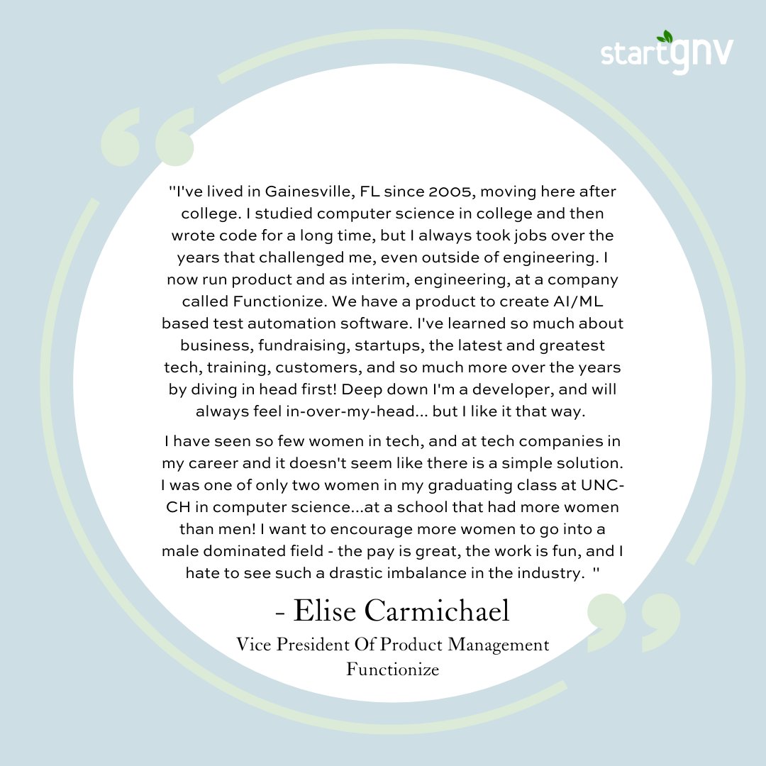 startGNV (@startgnv) on Twitter photo Our Faces of GNV Women in Tech & Startups feature for today is Elise Carmichael, VP of Product Management at <a href="/Functionize/">Functionize</a> & Co-founder of <a href="/watt_zone/">WATT - We Advance Tech Together</a>.
Elise will be joining us Tues, 3/16 at 6 PM for an interactive discussion on supporting women in innovation & tech. Link below! Our Faces of GNV Women in Tech & Startups feature for today is Elise Carmichael, VP of Product Management at <a href="/Functionize/">Functionize</a> & Co-founder of <a href="/watt_zone/">WATT - We Advance Tech Together</a>.
Elise will be joining us Tues, 3/16 at 6 PM for an interactive discussion on supporting women in innovation & tech. Link below!