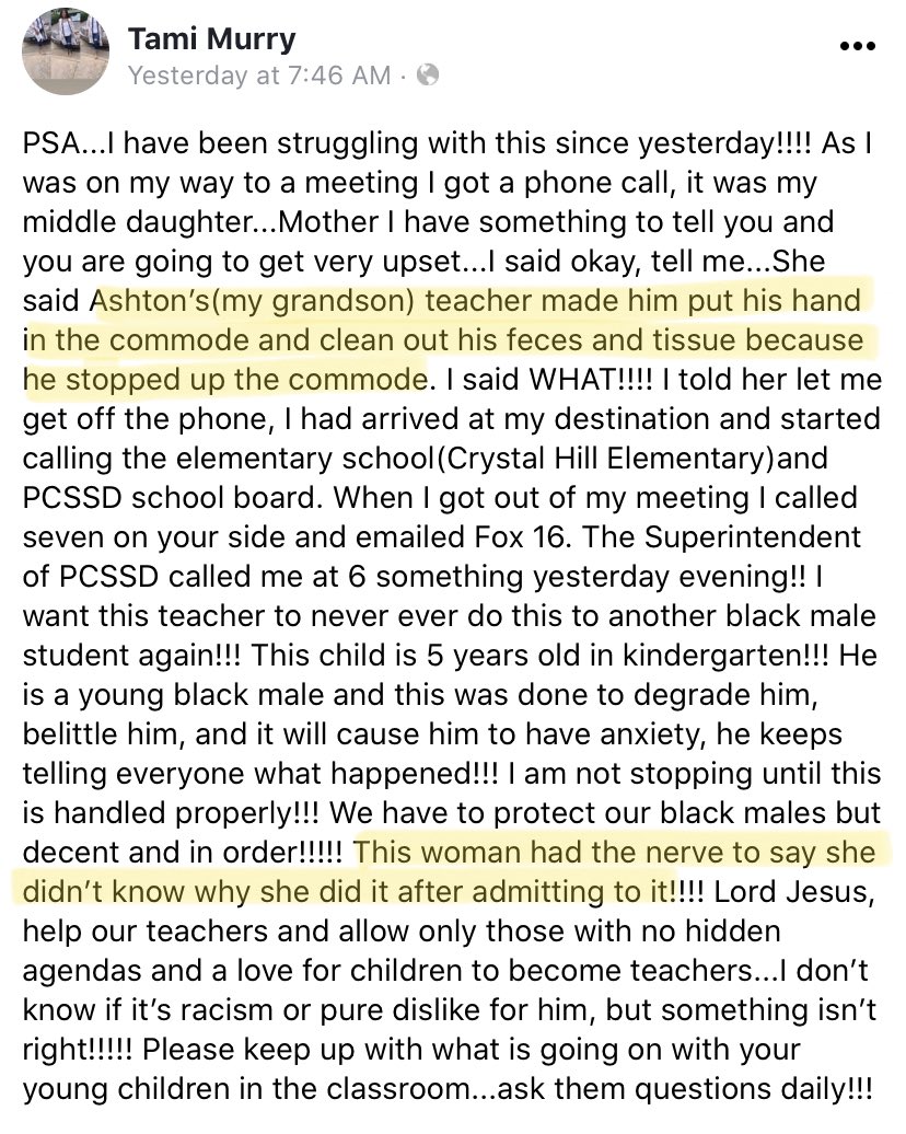 davenewworld_2's tweet photo. A racist teacher in Arkansas forced a very young Black child only 5 years old to unclog a feces-covered toilet with his bare hands. This child abuser named Karla Lasiter should be forced to unclog every toilet in prison with her bare hands. https://t.co/oqfzIIafyH