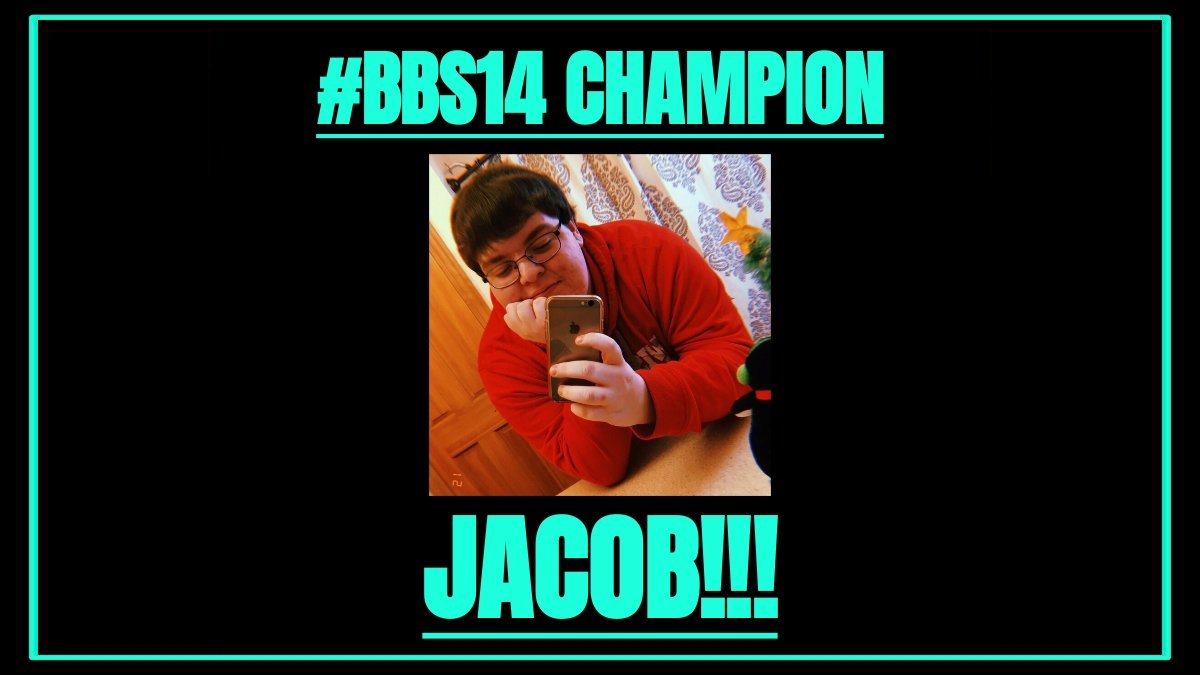 bbfastgames2's tweet photo. BY A VOTE OF 5-4, JACOB @jeds1999 IS THE WINNER OF #BBS14!!!!!!!! https://t.co/xksxW2y2n5