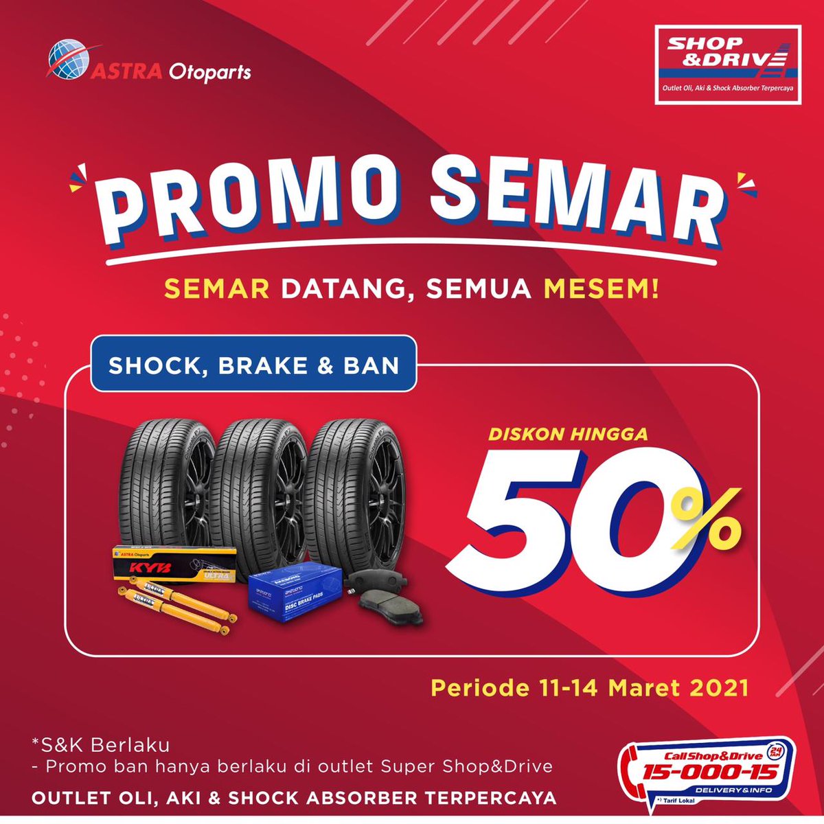shopanddrive's tweet photo. Promo Semarak Maret Ban, Shock Absorber & Kampas Rem. Diskon s.d 50%‼️.
Promo berlaku mulai 11-14 Maret 2021. Khusus area Bali dan Lombok, promo berlaku s.d 17 Maret 2021.
Info detail promo; https://t.co/TucGe2UE0T
#SnDPromo #SemarakMaret #Pirelli #KYB #Akebono #shopanddrive https://t.co/jsO5GXRqBG
