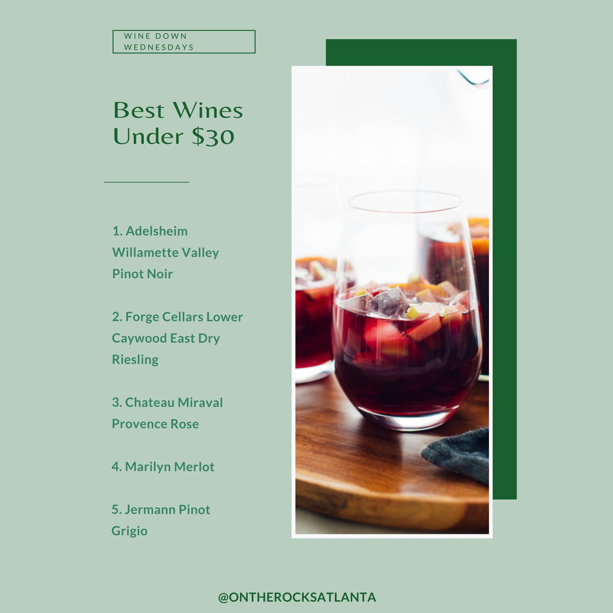 ontherocksatl's tweet photo. Try These Wines The Next Time You Want To Treat Yourself! 

1. Adelsheim Willamette Valley Pinot Noir ($26)

2. Forge Cellars Lower Caywood East Dry Riesling ($24)

3. Chateau Miraval Provence Rose ($20)

4. Marilyn Merlot ($24)

5. Jermann Pinot Grigio ($23)

Cheers🍷 https://t.co/MKWt0Lqb3H
