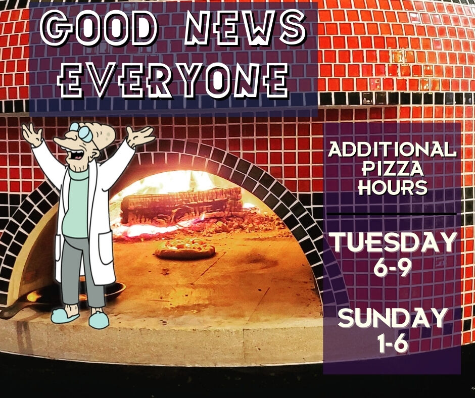 New Hours!
Taproom and Kitchen now open on Tuesday!
Taproom Hours: 4pm-9pm
Kitchen Hours:6pm-9pm

We will also now be serving pizzas on Sundays during our normal hours.