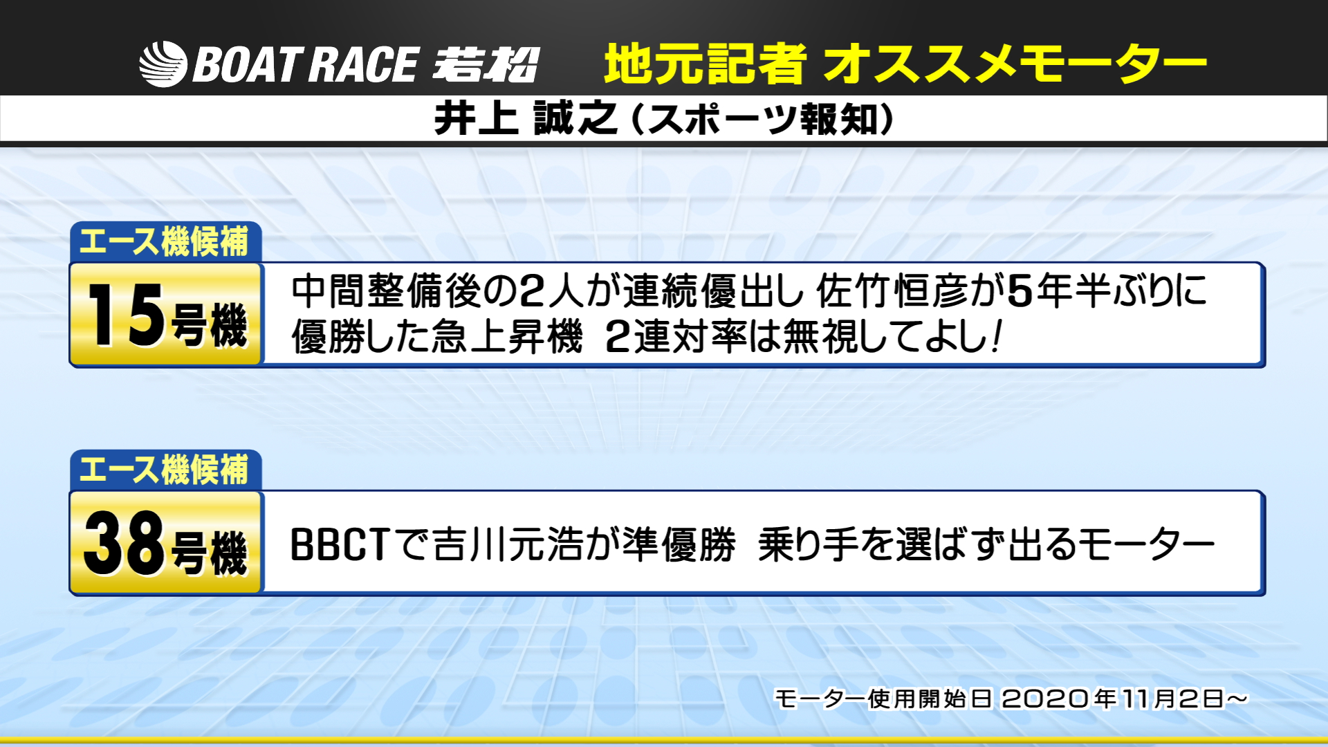 Jlc ボートレース情報 公式 明日から始まるボートレース若松 ｇ 全日本覇者決定戦 のオススメモーターです 情報提供はスポーツ報知の井上誠之記者です ちなみに余談ですが 井上記者はあの有名なマンガ モンキーターン に出てくる記者の