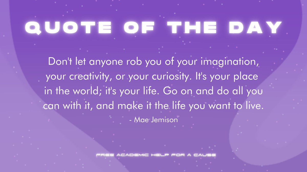 FreeAcadHelpPH's tweet photo. This month, we'd like to honor amazing women who made their marks in the academic field. Our quote for today is from Mae Jemison, the first African-American woman astronaut in space. She is also an engineer and a physician.

Layout by: Gianna Santiago

#FAHCQuote
#FreeAcadHelpPH https://t.co/PSjvwqSiq9