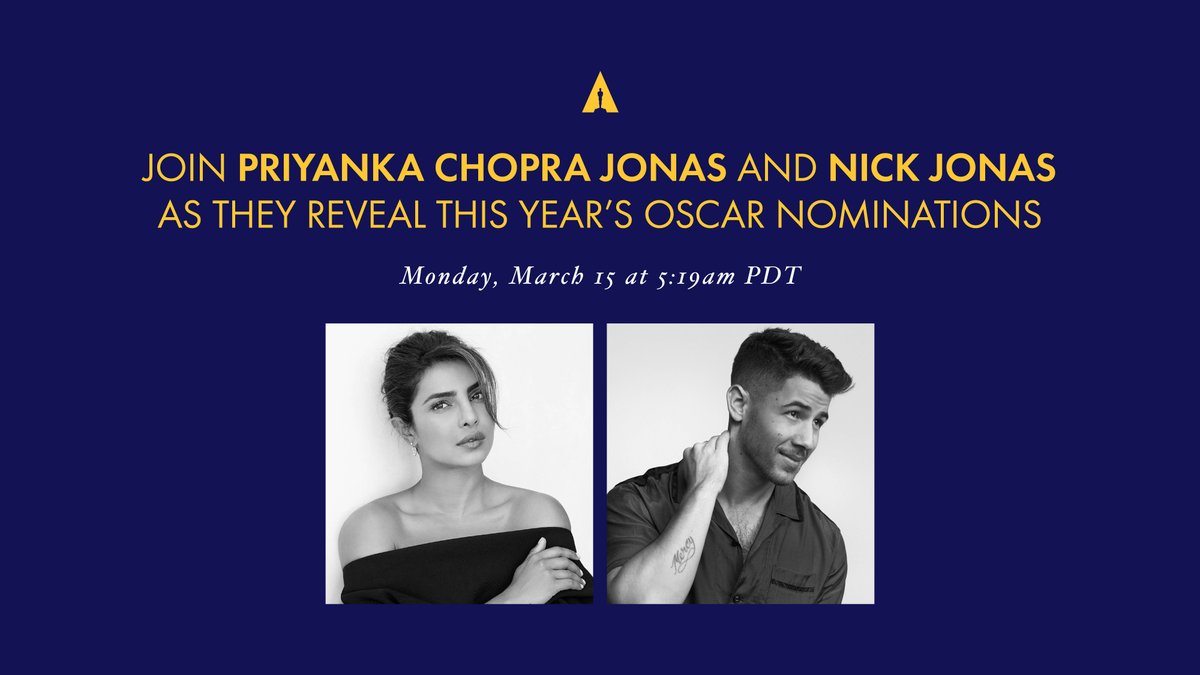 We are thrilled to share that <a href="/priyankachopra/">PRIYANKA</a> and <a href="/nickjonas/">Nick Jonas</a> will be announcing the nominations for the 93rd #Oscars this Monday! #OscarNoms bitly.com/3rB1671