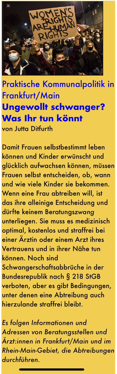Ungewollt schwanger in #Frankfurt und #RheinMain? Ich veröffentliche heute die Adressen der Beratungsstellen und von Ärzt:innen, die Abtreibungen durchführen. Jede Frau muss selbst entscheiden können, ob, wann und wie viele Kinder sie will. 
jutta-ditfurth.de
dort zum PDF