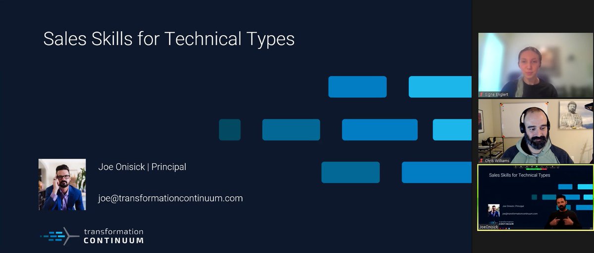 Now on <a href="/vbrownbag/">vBrownBag</a>, <a href="/JoeOnisick/">joeonisick</a> continues our IT career series with "Sales Skills for Technical Types":

No matter the role you are in, you are *ALWAYS* selling. So learn some skills with Joe!

(&amp; welcome to <a href="/SigneEnglert/">Signe Englert</a> our new vBB host!)

Join us LIVE : bit.ly/3tZiQdE