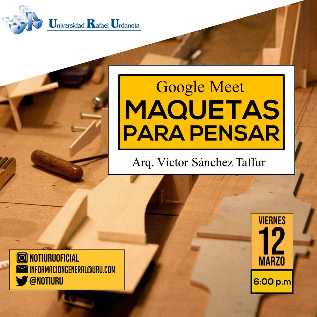 Te invitamos a participar en la charla "Maquetas para pensar" dictada por el Prof. Invitado Arq. Víctor Sanchez Taffur, el próximo Viernes 12 de Marzo, unete al grupo a través del link meet.google.com/cxh-xphf-uti    te esperamos!