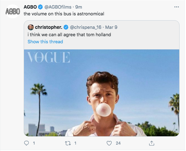 merrell_holland's tweet photo. not AGBO making a tiktok reference and then deleting the tweet😭🖐
#TomHolland #ABGO #britishvogue https://t.co/zTsXuUPMC3