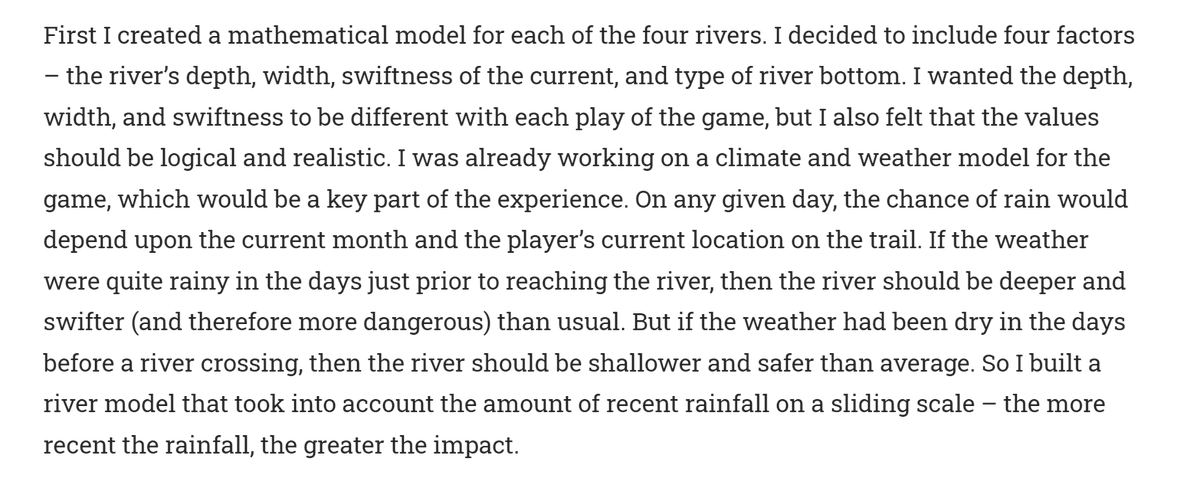 I played a lot of Oregon Trail as a kid, so was fascinated to read this detailed account from the game designer of how he set up the "river crossing" part of the game to be as complex and realistic as possible:
died-of-dysentery.com/stories/crossi…