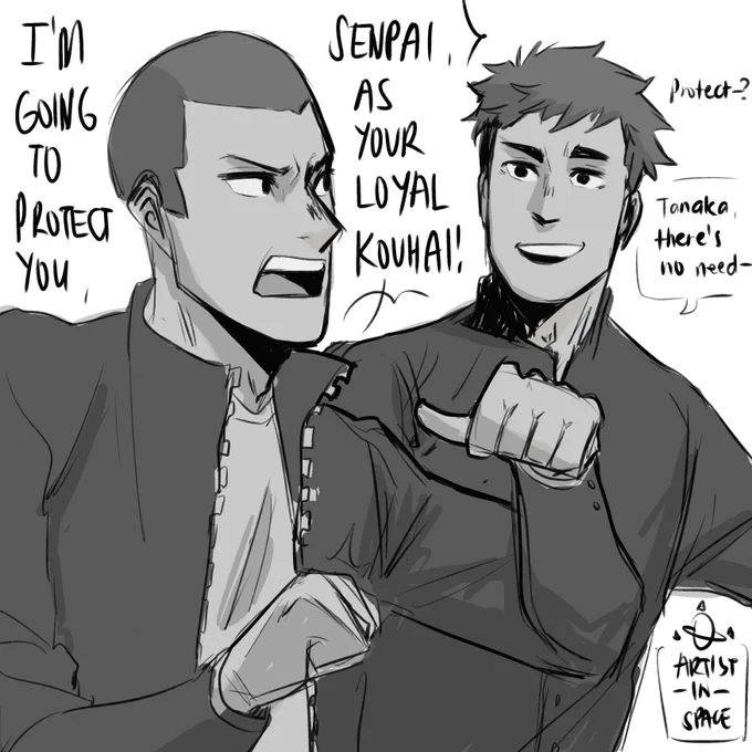 #tanaka gets very protective of his senpais (he doesn't say it outright, but he owes a lot to his senpais who taught him what real strength/trust looks like, and wants to emulate them). #daichi is always confused #haikyuu #haikyuufanart 