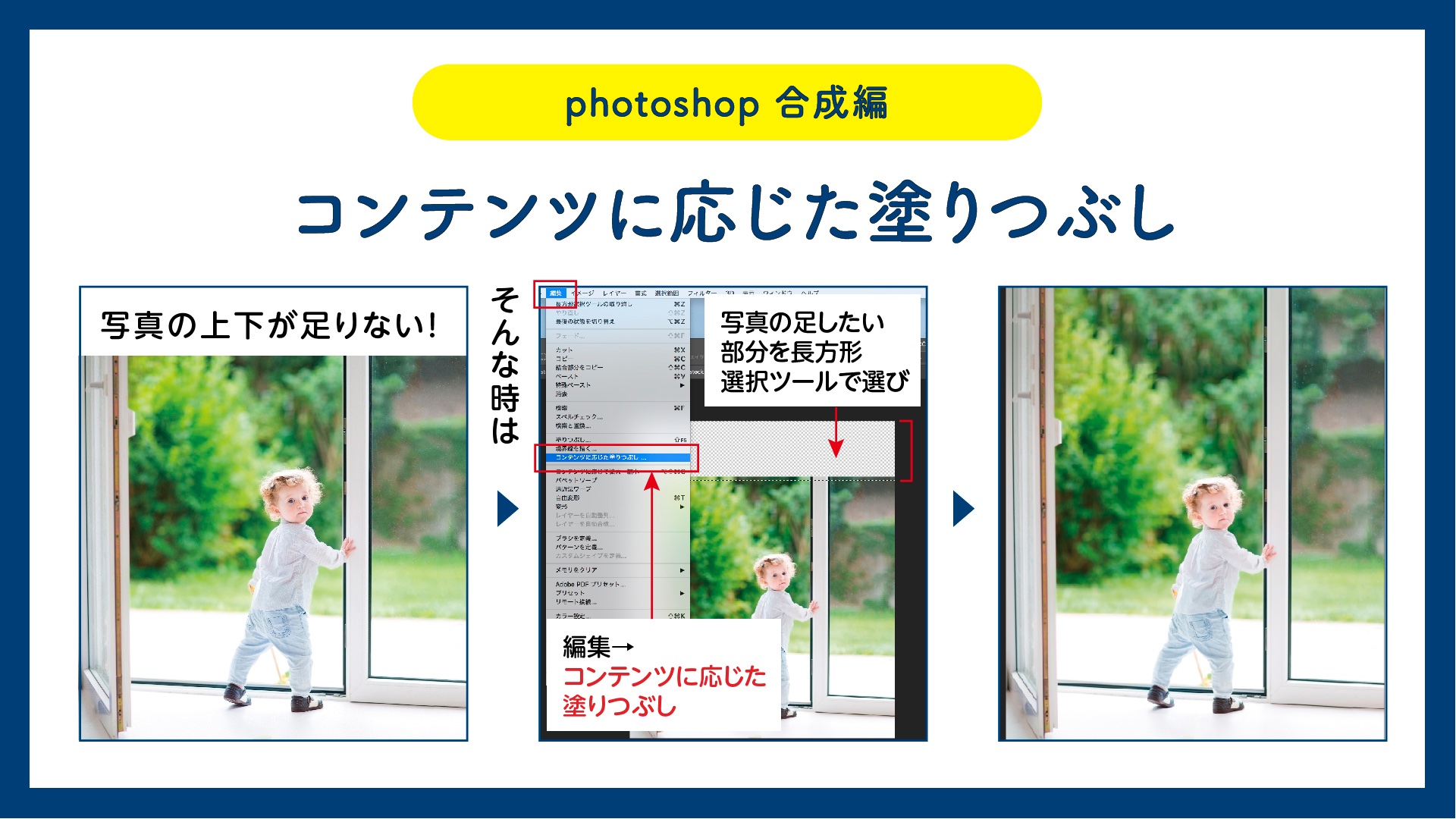 デジタルプラネッツ 公式 Photoshop 合成編 よく使う合成機能 コンテンツに応じた塗りつぶし 画像の左右や上下が少し足りない 足したい って時にはこの機能 画像の中の一部分を塗り潰したい時にも使えます 私は結構使います 画像によって